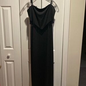 Long black fringe evening dress, size 12. Made USA
